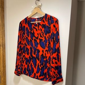 THE LIMITED | RED AND BLUE LEOPARD PRINT LONG SLEEVE BLOUSE | SIZE XS